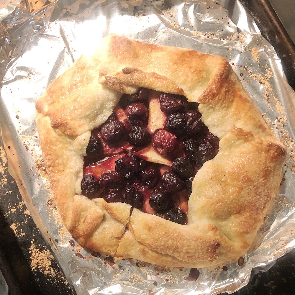 Cherry-Apple Almond Galette on a cookie sheet