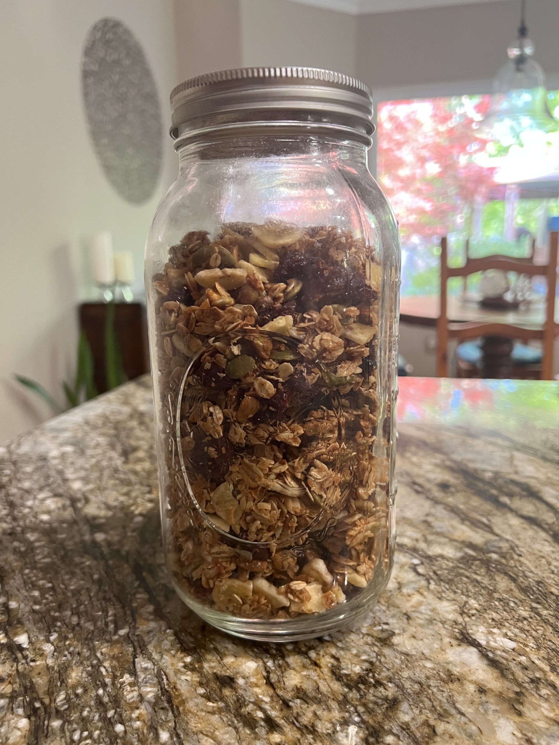 Best healthy granola recipe, stored in a large glass mason jar